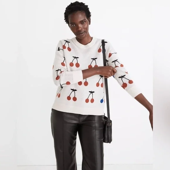 Madewell Wool & Alpaca Cherry Jacquard Pullover Sweater, Size XXS - Picture 1 of 9